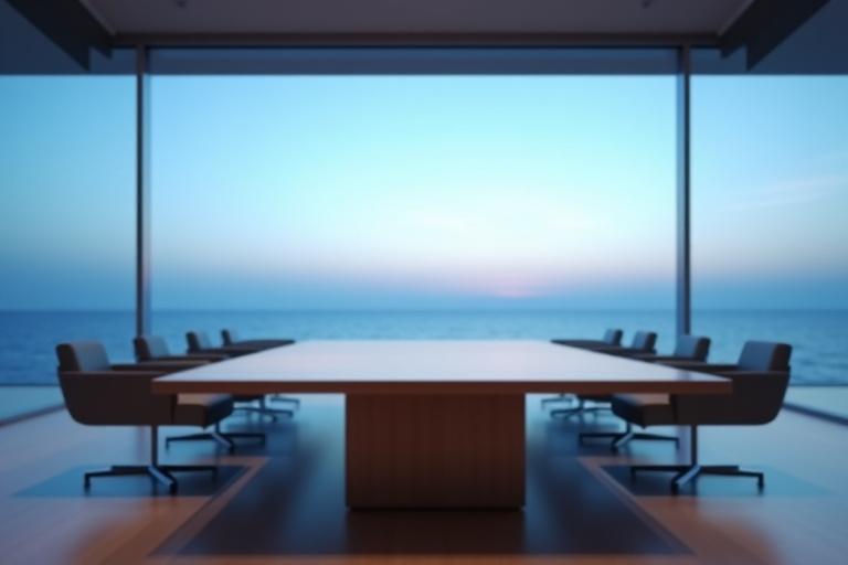 High-end corporate meeting room with glass walls overlooking a calm sea