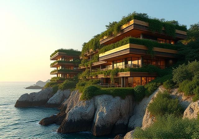 Solar panels integrated into a coastal architectural structure