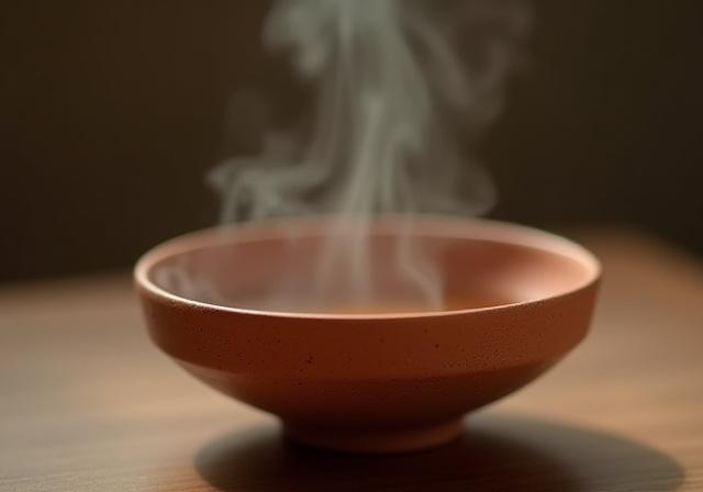 Close up of steam rising from a ceramic tea bowl with coral patterns
