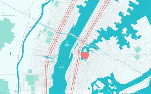A stylized artistic map of New York's Queens area with coral and turquoise accents