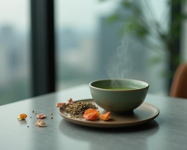 A calming tea ritual set against a corporate background