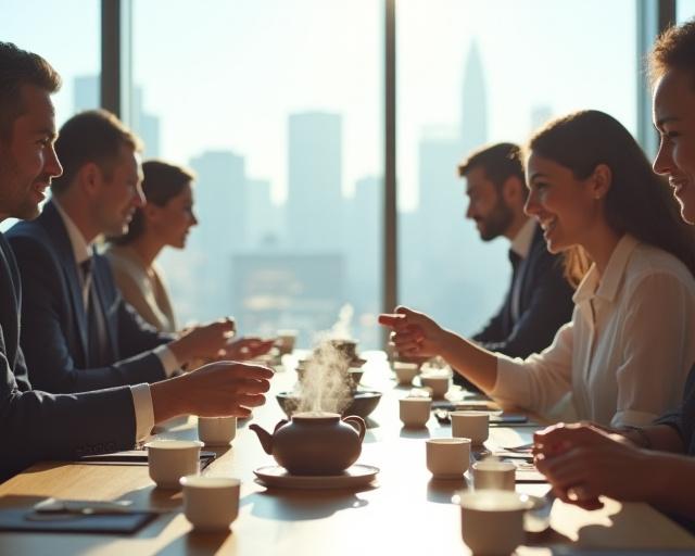 A team participating in a mindful tea brewing ritual in a modern boardroom