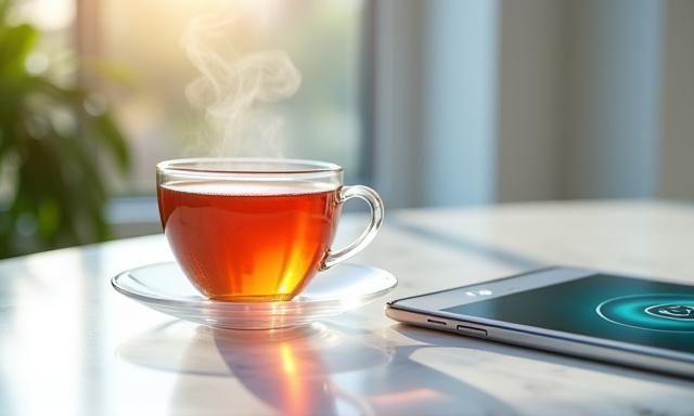 A serene cup of tea on a marble desk next to a secure tablet