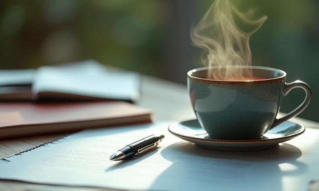 A legal document and a glass of calming tea on a wooden desk with soft light